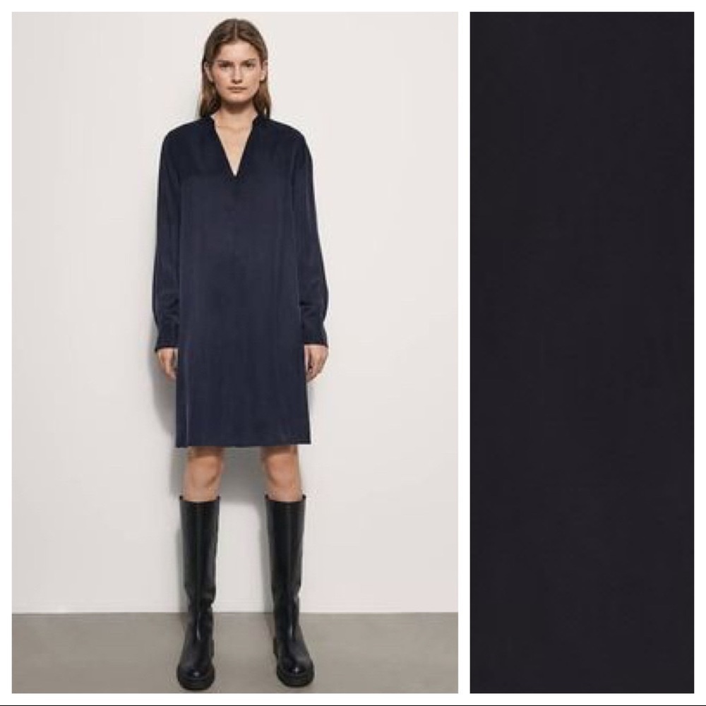 NWOT. Massimo Dutti Navy Blue 100% Cupro V-neckline Midi Dress. Size 2.